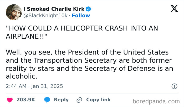 Tweet showing courage with a bold statement on politics and transportation involving a helicopter and airplane crash.