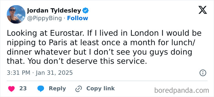 Tweet by Jordan Tyldesley joking about Eurostar travel from London to Paris, reflecting Great London Memes and UK humor.