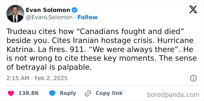 Tweet showing courage discussing Trudeau citing significant events like Hurricane Katrina and 911, expressing a sense of betrayal.