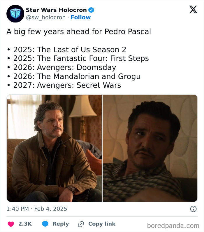 Tweet from Star Wars Holocron listing upcoming roles for Pedro Pascal with two side-by-side images of the actor in character, meme style.