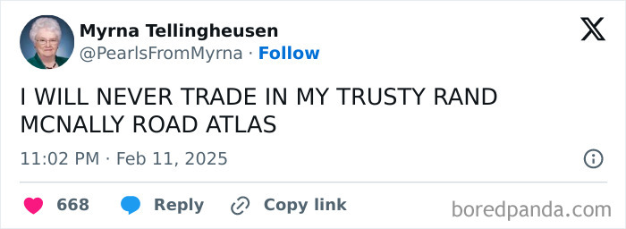 Screenshot of a tweet by the internet’s funniest grandma, sharing a sharp and humorous joke about her road atlas.