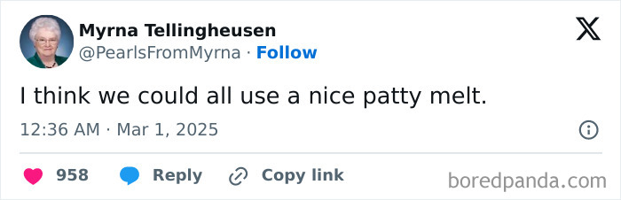 Screenshot of a humorous tweet by internet’s funniest grandma sharing a witty patty melt joke.