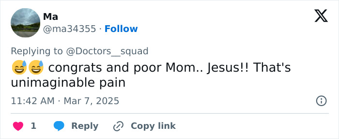 Social media comment expressing sympathy for a mother dealing with pain from giving birth to a giant baby. Social media comment expressing sympathy for a mother dealing with pain from giving birth to a giant baby.