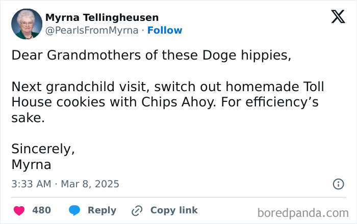Tweet from internet’s funniest grandma joking about switching homemade cookies with Chips Ahoy for efficiency during grandchild visits.