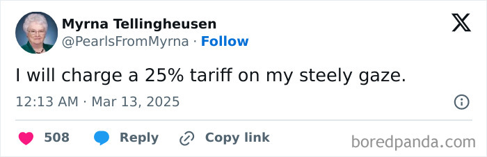 Screenshot of a tweet from the internet’s funniest grandma delivering a sharp, humorous joke with a witty tone.