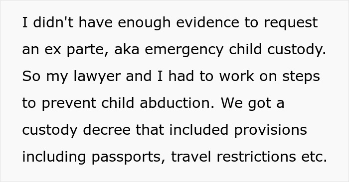 Text about legal steps and custody decree to prevent child abduction after mother-in-law poisons toddler with essential oils.