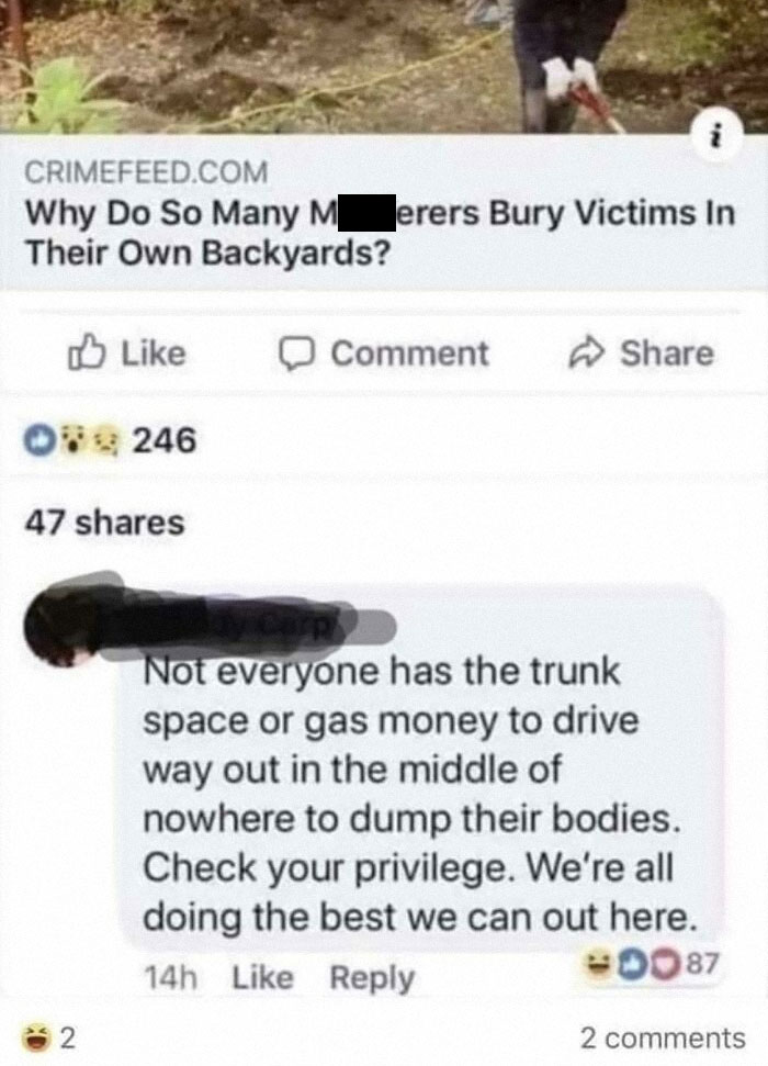 Funny true crime meme showing a social media post discussing why murderers bury victims in their backyards.