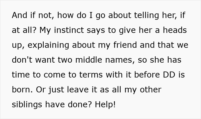Text discussing how to tell a pregnant mother about naming a child and avoiding two middle names before birth. Text discussing how to tell a pregnant mother about naming a child and avoiding two middle names before birth.