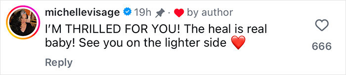 Instagram comment by michellevisage expressing excitement and support for healing after breast implant removal.