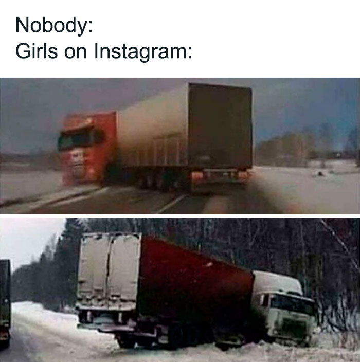 Two images of trucks losing control on snowy roads illustrating unhinged fitness influencers taking their baby to the gym.