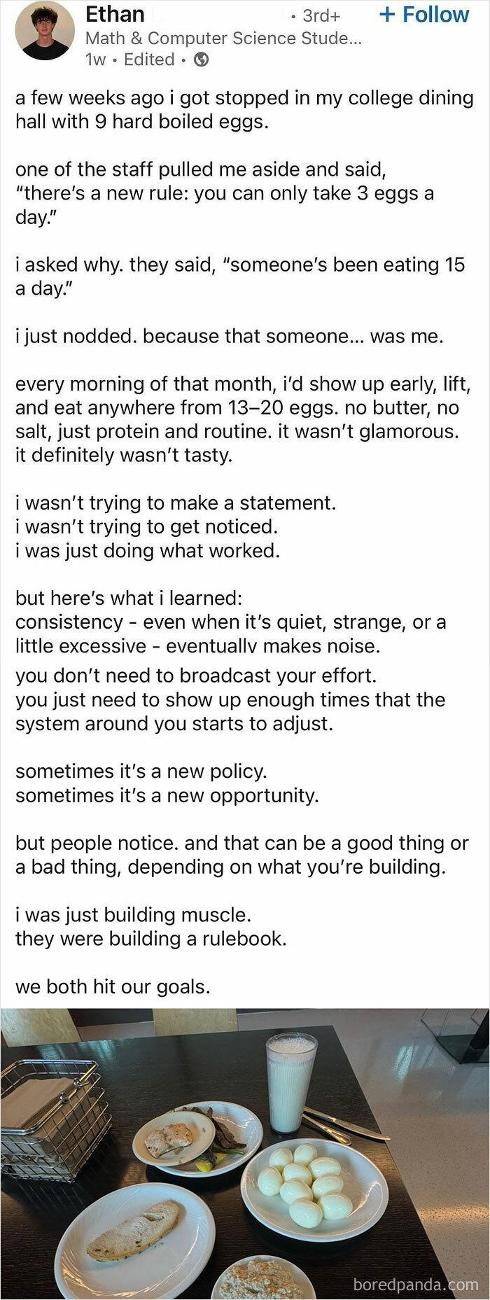Text post about consistency and routine in hustle culture alongside a table with nine hard boiled eggs and a glass of milk.