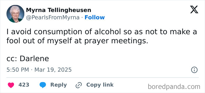 Screenshot of a tweet by the internet’s funniest grandma sharing a witty joke about avoiding alcohol at prayer meetings.