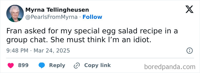 Screenshot of internet’s funniest grandma sharing a sharp joke about an egg salad recipe in a social media post.