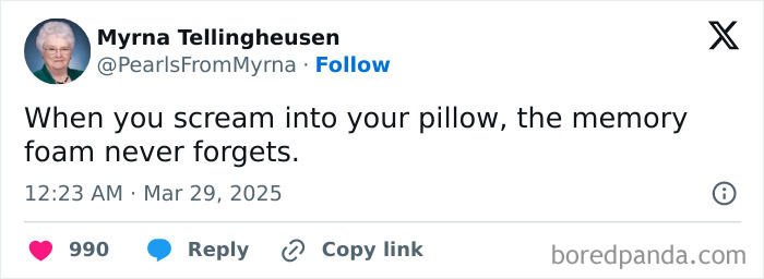 Screenshot of a humorous internet tweet by a witty grandma sharing a sharp joke about memory foam pillows.