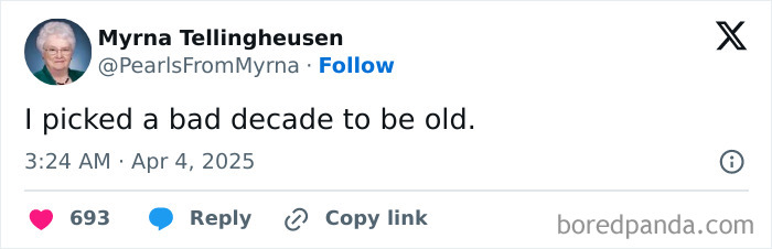Screenshot of a humorous tweet by the internet’s funniest grandma sharing a sharp joke about aging and bad decades.
