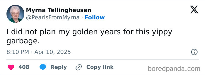 Tweet from the internet’s funniest grandma sharing a sharp-witted joke about her unexpected golden years.