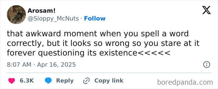 Tweet showing a relatable awkward moment about spelling confusion, illustrating common specific moments in our lives.