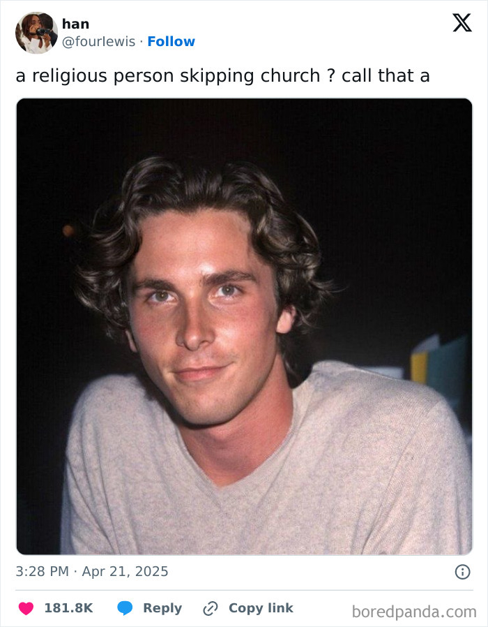 Young man with wavy hair smirking at the camera, featured in entertaining super culture meme post.