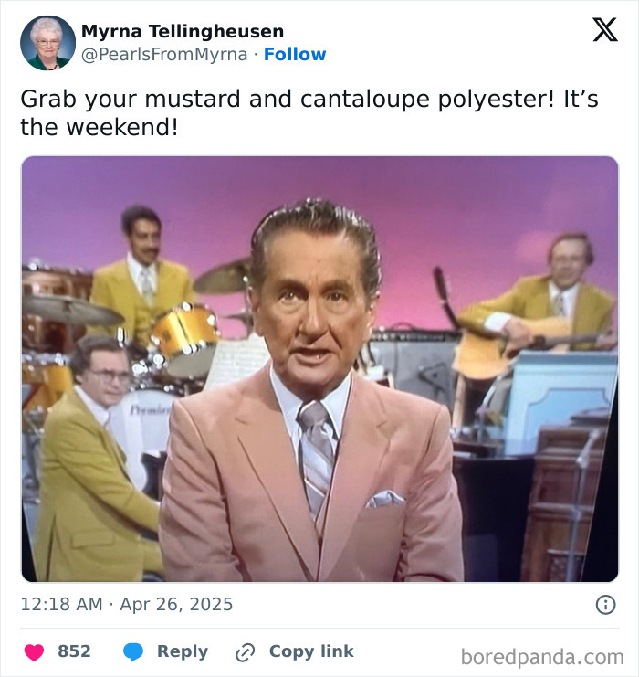 Man in a pink suit speaking on a vintage TV show with musicians in yellow suits in the background, internet’s funniest grandma joke.