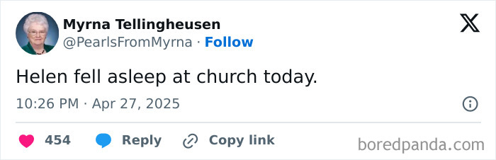 Social media post by the internet’s funniest grandma sharing a witty joke about Helen falling asleep at church.