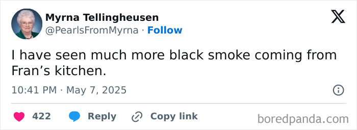 Tweet from internet’s funniest grandma sharing a sharp joke about black smoke coming from a kitchen.