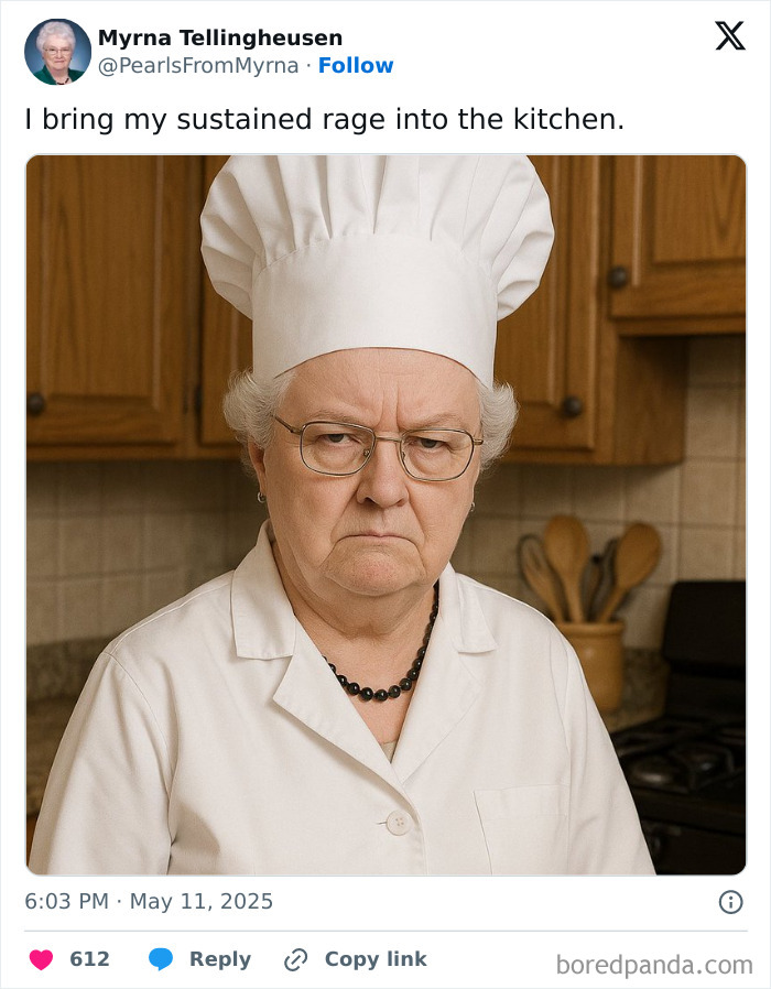 Elderly woman dressed as a chef with a serious expression, representing internet’s funniest grandma humor online.
