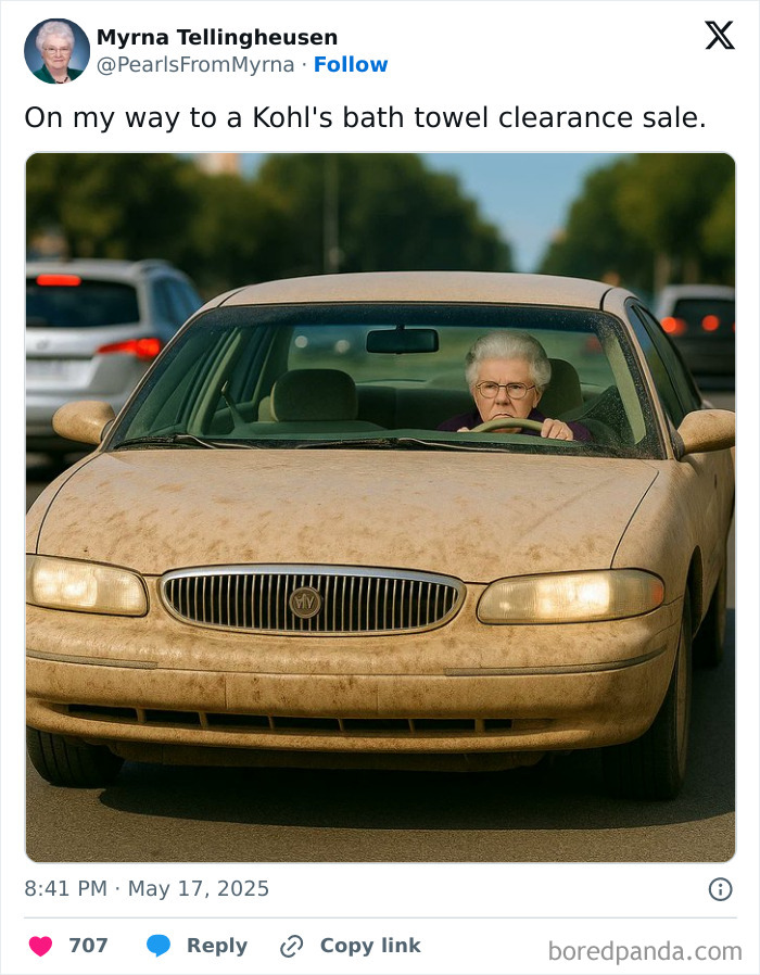 Elderly woman driving an old car, embodying the internet’s funniest grandma with sharp, witty humor online.