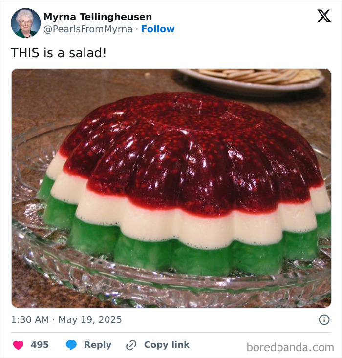 Colorful layered gelatin dessert on a glass plate, featured in the internet’s funniest grandma joke collection.