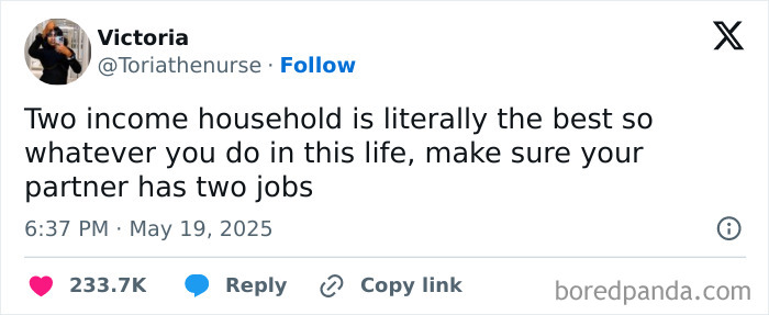 Text post about two income household challenges reflecting parts of working in 2025 that are a nightmare for many.