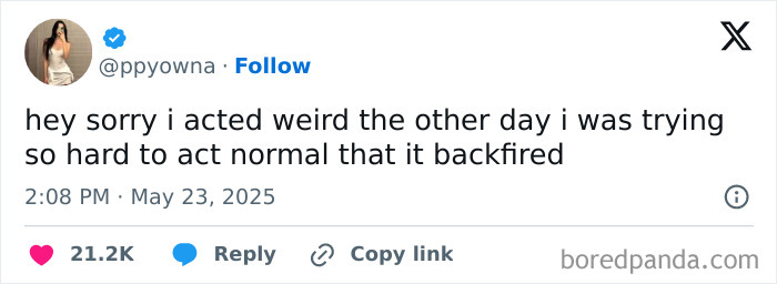 Tweet apologizing for acting weird while trying to act normal, reflecting introvert memes about socializing and decompressing.
