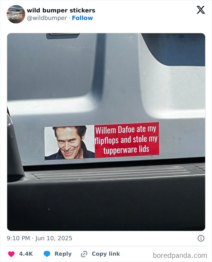 Bumper sticker on a car humorously blaming Willem Dafoe for eating flipflops and stealing Tupperware lids.