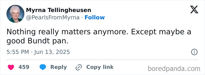 Screenshot of a humorous tweet by the internet’s funniest grandma sharing a witty joke about baking.