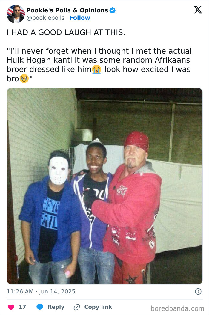 Three people posing for a photo, one dressed like a celebrity Hulk Hogan lookalike, shared in Johnny Derp celebrity fails.