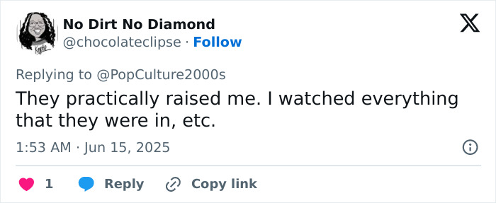 Tweet from No Dirt No Diamond praising child stars Mary-Kate and Ashley Olsen for their iconic roles and influence on fans. Tweet from No Dirt No Diamond praising child stars Mary-Kate and Ashley Olsen for their iconic roles and influence on fans.