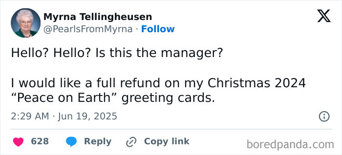 Tweet from internet’s funniest grandma humorously requesting a refund for Christmas 2024 greeting cards.