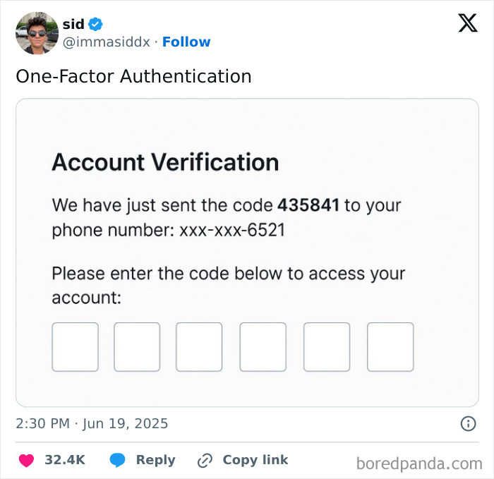 Screenshot of a humorous programmer meme showing a fake one-factor authentication code entry screen.