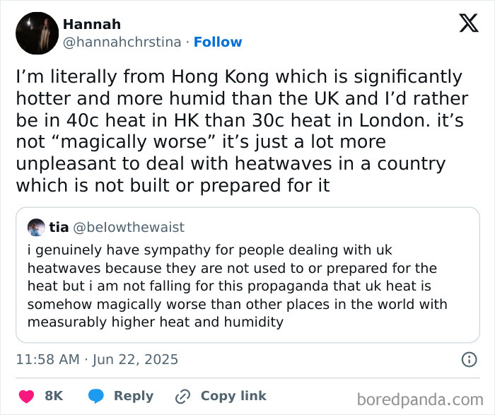 Twitter conversation about UK heatwaves highlighting UK humor and great London memes on social media.