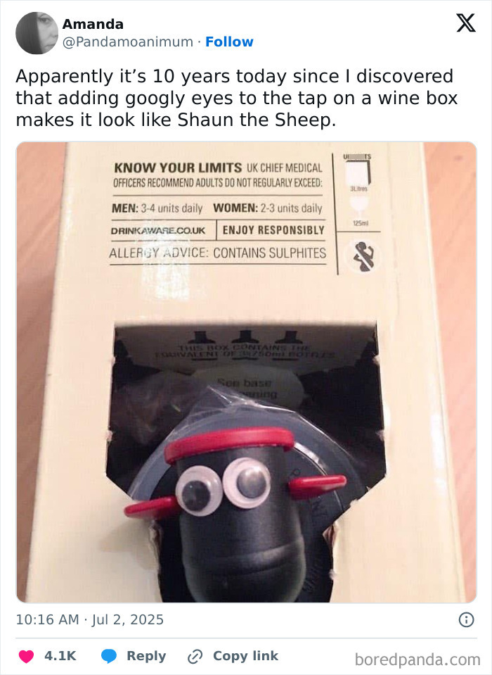 Googly eyes added to a wine box tap making it look like a funny character, featured in viral memes from a chaos goldmine page.