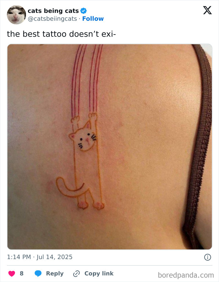 Simple cat tattoo hanging with lines, showcasing cats being cats and their natural humorous charm.