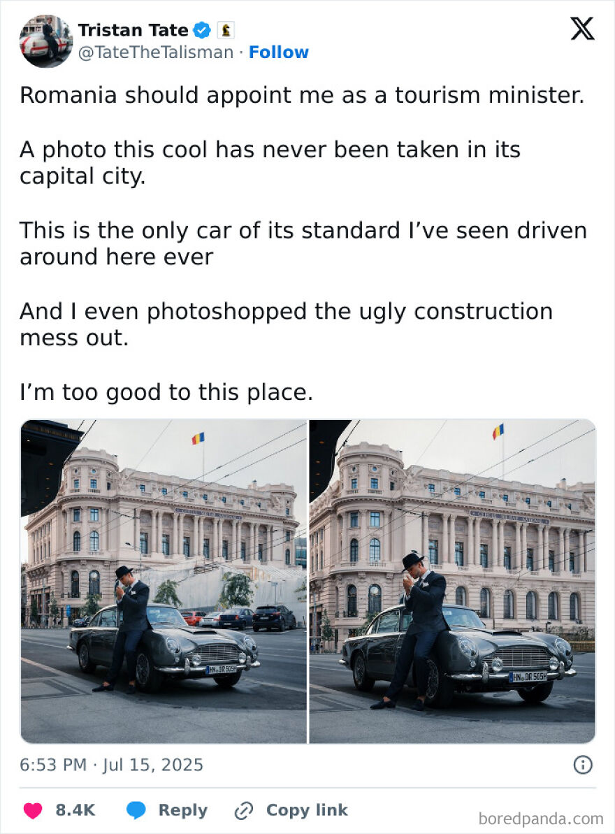 Tristan Tate posing with a classic car in front of a historic building, reflecting on legal turmoil and net worth.
