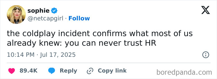 Tweet on social media humor about not trusting HR, featured in relatable funny memes to balance out tough days.