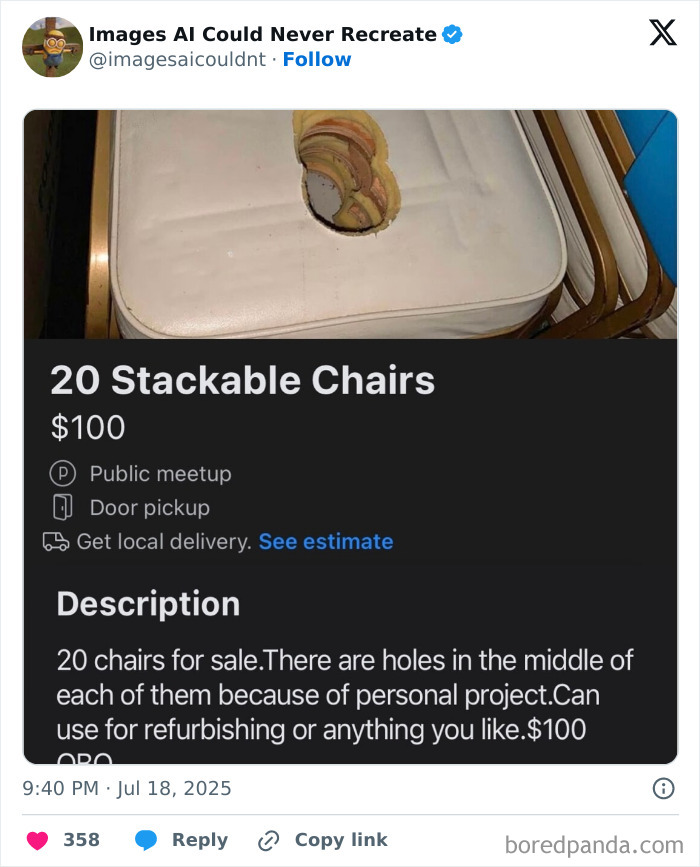 Set of 20 stackable chairs with holes in the seats, listed for sale as part of unhinged things sold online.