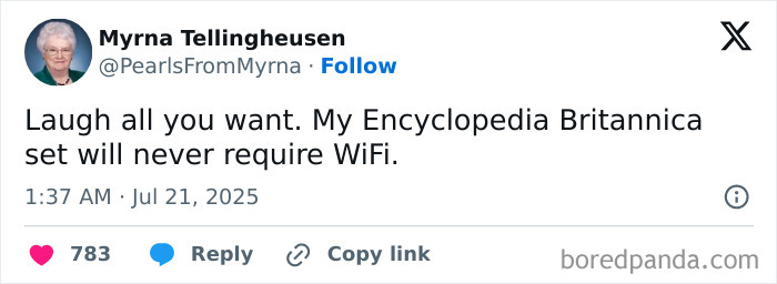 Screenshot of a humorous tweet from the internet’s funniest grandma known for sharp jokes and witty remarks.