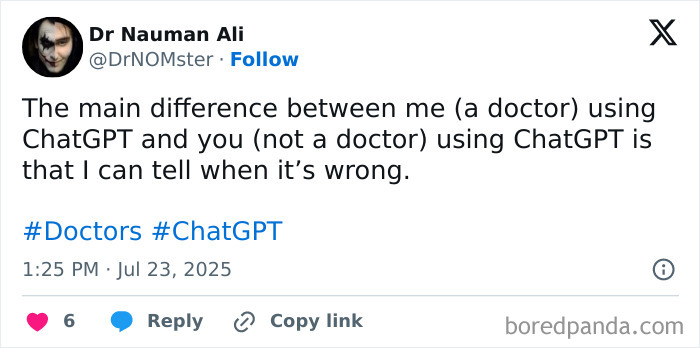 Tweet from a doctor humorously highlighting the struggle and humor of working in medicine using ChatGPT.