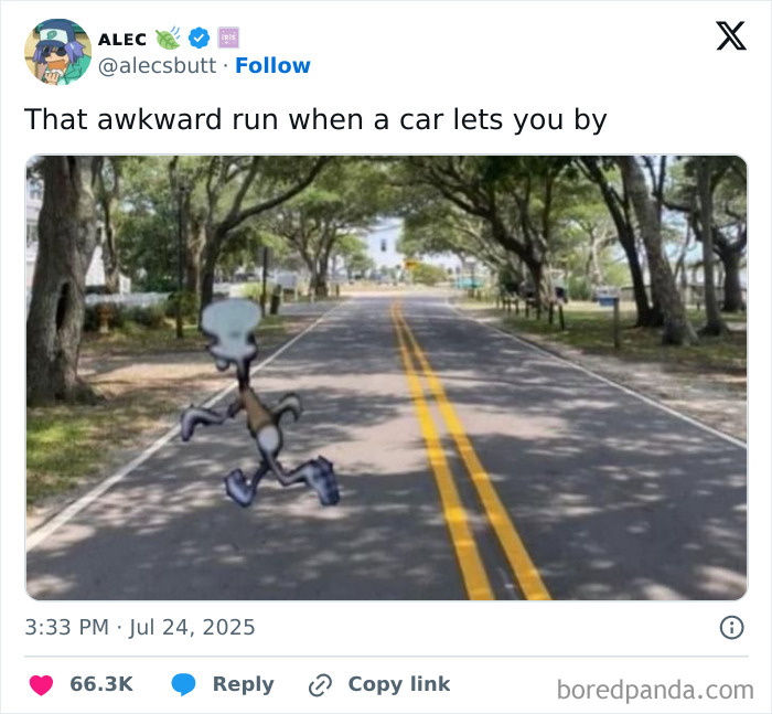 Cartoon character awkwardly running across a street, depicting specific moments in life that aren’t original experiences.