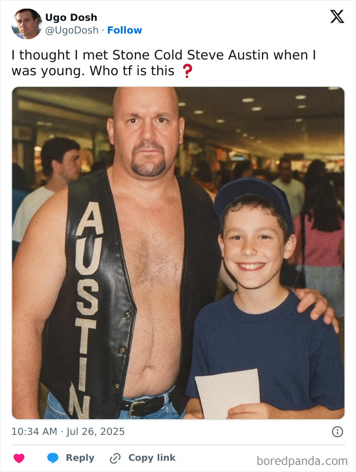 Man wearing a vest with Austin lettering posing with a smiling boy, example of people laughing at celebrity lookalikes online.