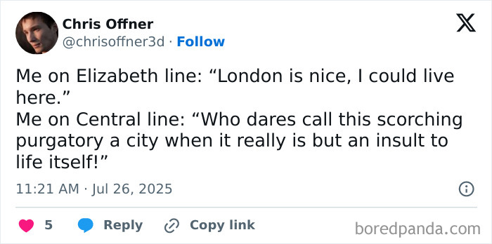 Tweet showing humorous London meme contrasting positive and negative views of London Underground lines, featuring Great London Memes.