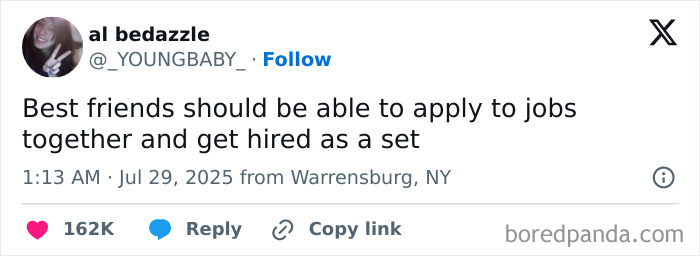 Tweet about best friends applying to jobs together, shown as a relatable funny meme to balance out everything going wrong today.