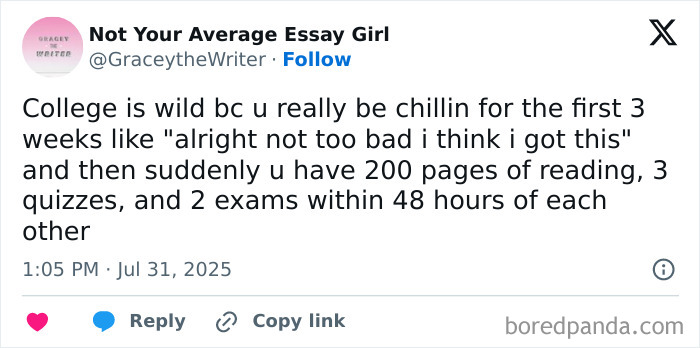 Tweet by a student describing the chaotic college life with exams, quizzes, and heavy reading all within 48 hours.