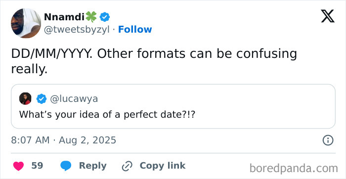 Screenshot of a humorous tweet about dating confusion with DD/MM/YYYY date format, reflecting unhinged dating memes.